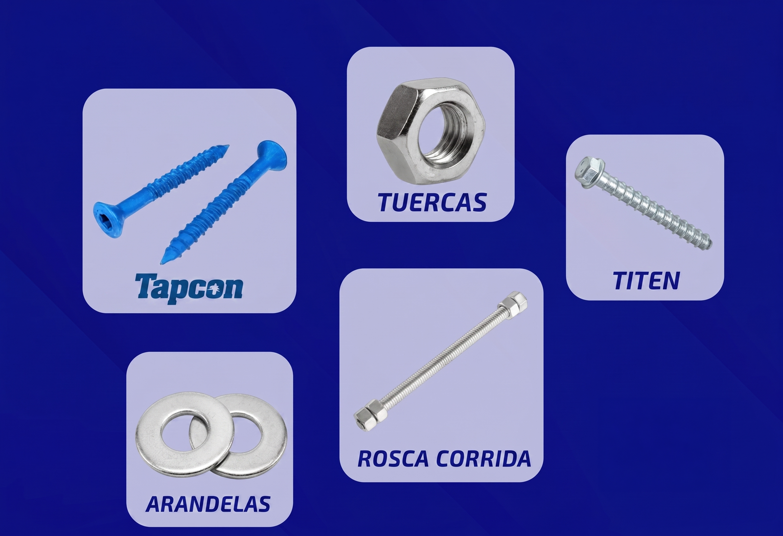 Tornillos Tapcon, Titen, rosca corrida y tuercas para instalación